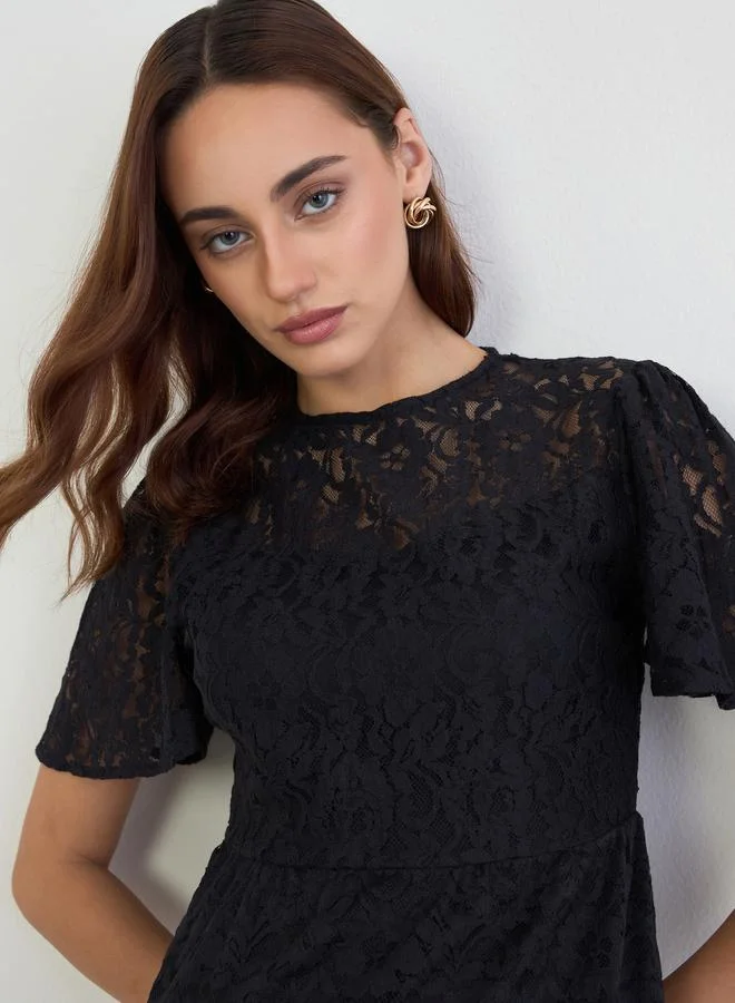 Styli  Women Black Scalloped Lace Midi Dress for Women | Best Price UAE